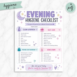 May include: A printed evening hygiene checklist with a purple crescent moon and stars. The document features four sections: Clean & Refresh, Self-Care, Prepare for Tomorrow, and Wind Down, each with checkboxes for daily tasks and a space for the date.