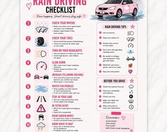 Op de afbeelding: Een wit informatieblad getiteld New Driver Rain Driving Checklist met roze tekst en afbeeldingen. Het bevat een illustratie van een roze auto, tien genummerde veiligheidsstappen, tips voor rijden in de regen en een herinneringsvak.
