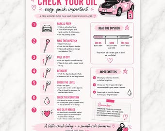 Op de afbeelding: Een instructieve infographic getiteld How to Check Your Oil met roze en zwarte tekst en afbeeldingen. Het bevat een roze auto, een peilstokdiagram en zeven genummerde stappen voor voertuigonderhoud, inclusief tips en een notitie op een witte achtergrond.