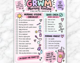 Op de afbeelding: Een gedrukte ochtendroutine-checklist getiteld GRWM Morning Routine met secties voor ochtendhygiëne, een snelle check en ochtendmindset. Het ontwerp bevat pastelkleuren, hartjes en kleine illustraties van een tandenborstel, reiniger, haarborstel, rugzak en een roze beker.