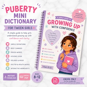 Könnte beinhalten: Ein spiralgebundener Ratgeber mit dem Titel Puberty Mini Dictionary for Tween Girls, der eine Illustration eines Mädchens mit einem rosa Notizbuch zeigt. Das Cover enthält Texte über das Erwachsenwerden, Körperveränderungen und Gesundheit.