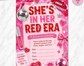Uitnodiging voor het eerste menstruatiefeest in het Rode Tijdperk, Uitnodiging voor een feestje in het Rode Tijdperk, Printbare uitnodiging voor een menstruatiefeest, Feest voor tienermeisjes