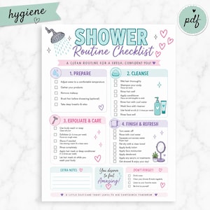 May include: A white paper shower routine checklist with teal and purple text and graphics. It features four sections: Prepare, Cleanse, Exfoliate & Care, and Finish & Refresh, each with checkboxes and icons like a shower head, soap, and mirror.