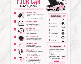 Op de afbeelding: Een wit informatieblad met de titel WHAT TO DO WHEN YOUR CAR won't start, voorzien van een roze auto-illustratie, zeven genummerde stappen met iconen, een snelle checklist en handige herinneringen in roze en zwarte tekst op een witte achtergrond.