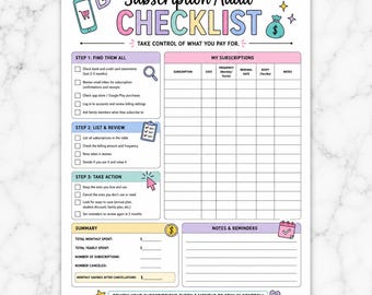 Op de afbeelding: Een afdrukbare checklist voor abonnementscontrole met een kleurrijke koptekst, drie stappen voor het vinden, vermelden en beoordelen van abonnementen, een tabel voor het bijhouden van kosten en verlengingsdata, en een notitiegedeelte.