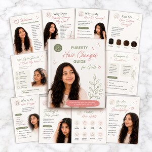 Puede incluir: Una colección de tarjetas educativas y una guía central titulada Puberty Hair Changes Guide for Girls, con texto, ilustraciones y fotos de una persona joven con cabello largo y oscuro, sobre temas como textura, lavado y cuidado del cabello.