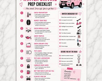 Op de afbeelding: Een winter checklist voor autorijden op een witte achtergrond met roze tekst en iconen. Het bevat een illustratie van een roze auto, tien genummerde stappen voor voertuigonderhoud, een lijst voor noodpakketten en veiligheidsinstructies.