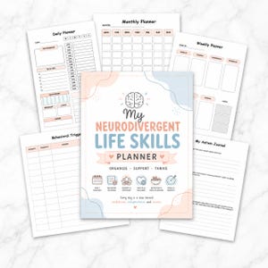 以下が含まれることがあります： 脳のアイコンが描かれた「My Neurodivergent Life Skills Planner」というタイトルの表紙、デイリー、ウィークリー、マンスリープランナー、行動トリガーログ、自閉症ジャーナルなど、パステルカラーのアクセントが付いた印刷可能なプランナーページのコレクション。