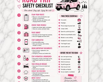 Op de afbeelding: Een roadtrip veiligheidschecklist op wit papier met roze accenten en tekst. Het bevat een illustratie van een roze auto, tien genummerde stappen, een lijst met benodigdheden, een sectie voor vertrek en een notitie onderaan het document.