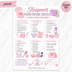 May include: A printable Sleepover Period Packing Checklist document featuring pink illustrations of pajamas, toiletries, and storage pouches. The text includes sections for period essentials, extra clothes, comfort items, and miscellaneous supplies.