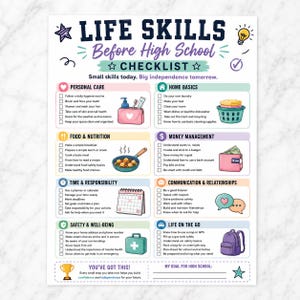 May include: A Life Skills Before High School checklist printed on white paper. The document features sections for personal care, home basics, food, money, time, communication, safety, and travel, each with checkboxes and colorful icons.