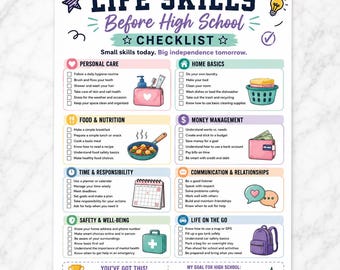 May include: A Life Skills Before High School checklist printed on white paper. The document features sections for personal care, home basics, food, money, time, communication, safety, and travel, each with checkboxes and colorful icons.
