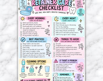 Op de afbeelding: Een kleurrijke, geïllustreerde checklist voor het onderhoud van gebitsbeschermers met secties voor ochtend- en avondroutines, best practices, te vermijden zaken en reinigingsopties. De tekst bevat instructies voor reiniging en onderhoud.