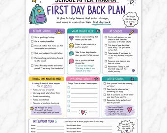 Op de afbeelding: Een gedrukte checklist getiteld School-After-Trauma First Day Back Plan met secties voor vóór school, copingstrategieën, op school en na school. Het document bevat kleurrijke illustraties van een rugzak, sterren en hartjes.