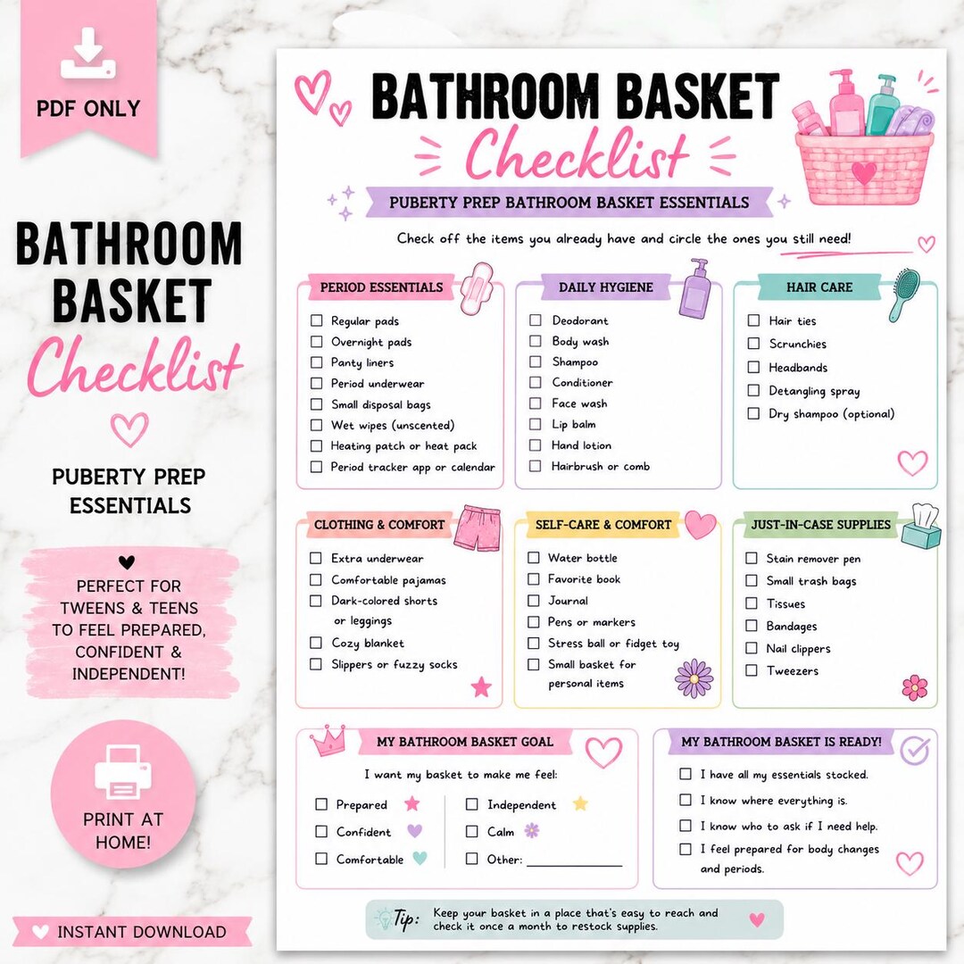 First Period Bathroom Basket Checklist for Girls, Puberty Essentials ...