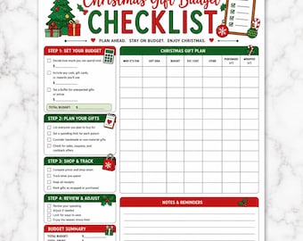 Op de afbeelding: Een printbare plannerpagina genaamd Christmas Gift Budget Checklist met rode en groene tekst, een versierde kerstboom en cadeau-iconen. Het bevat vier stappen voor budgettering, een groot raster voor planning en notities.