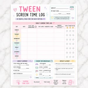 Peut inclure: Un journal de suivi du temps d'écran sur papier blanc avec le texte rose TWEEN SCREEN TIME LOG. La mise en page comprend des sections pour les entrées quotidiennes, un résumé hebdomadaire, une répartition du temps et des questions de réflexion.
