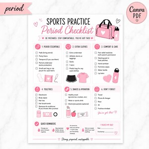 May include: A printable Sports Practice Period Checklist document featuring a pink and white color scheme. The list includes six categories: Period Essentials, Extra Clothes, Comfort & Care, Toiletries, Snacks & Hydration, and Don't Forget.