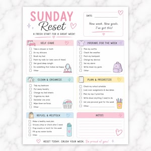 May include: A Sunday Reset checklist planner page featuring pastel-colored sections for self-care, weekly preparation, cleaning, organizing, planning, and restocking. The document includes checkboxes, icons, and the text Sunday Reset A Fresh Start.