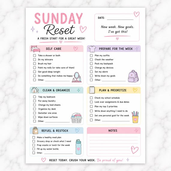 Sunday Reset Checklist Printable | Weekly Reset Planner | Tween & Teen Routine Checklist | Self Care Planner PDF | Editable Canva Template