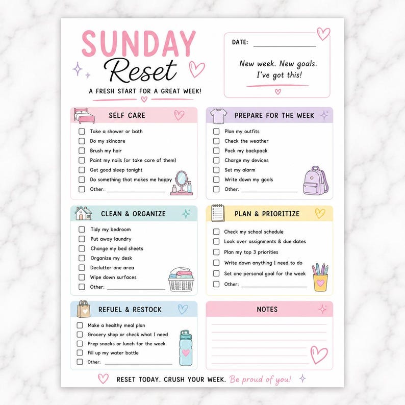 Pastel Sunday Reset Checklist printable for tweens and teen girls featuring sections for self-care, preparing for the week, cleaning and organizing, planning priorities, refueling and restocking, plus a notes section. This 8.5x11 weekly planner helps build healthy habits, executive functioning skills, independence, and organization. Perfect for middle school students, ADHD-friendly routines, homeschool planning, and weekly self-care planning.