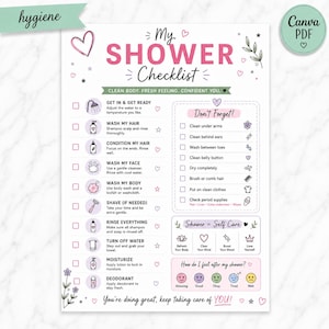 Liste de contrôle pour la douche des filles (PDF imprimable), Tableau d'hygiène pour préadolescentes, Routine de douche pour enfants, Liste de contrôle pour la puberté (à imprimer), Liste de contrôle pour la salle de bain des filles