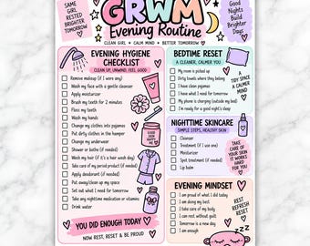 Op de afbeelding: Een gedrukte checklist getiteld GRWM Evening Routine met secties voor avondhygiëne, bedtijd, huidverzorging en avondmindset. Het document bevat pastelkleurige illustraties van een douche, pyjama en huidverzorgingsproducten.