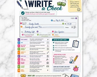 Op de afbeelding: Een educatieve handleiding getiteld HOW TO WIRITE a Check, met een voorbeeld van een bankcheque met genummerde stappen van 1 tot 10. Het document bevat illustraties van een pen, geld, een klembord, een potlood, een gum en een roze spaarvarken.