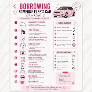Op de afbeelding: Een witte informatieve checklist getiteld Borrowing Someone Else's Car Checklist met roze tekst en accenten. Het bevat een roze auto-illustratie, tien genummerde stappen voor het lenen van een voertuig en secties voor tijdens de rit en retour.