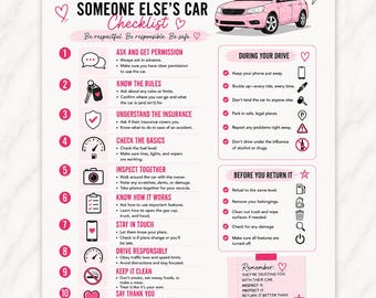 Op de afbeelding: Een witte informatieve checklist getiteld Borrowing Someone Else's Car Checklist met roze tekst en accenten. Het bevat een roze auto-illustratie, tien genummerde stappen voor het lenen van een voertuig en secties voor tijdens de rit en retour.