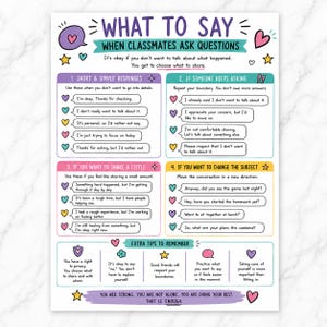 May include: A colorful educational poster titled What to Say When Classmates Ask Questions. It features four sections with suggested responses for setting boundaries, sharing information, and changing the subject, plus extra tips and affirmations.