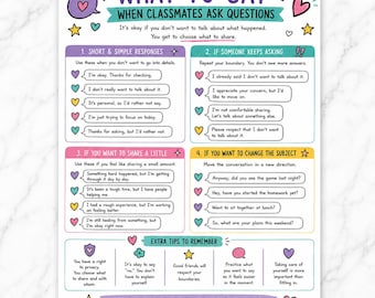 Op de afbeelding: Een kleurrijke educatieve poster met de titel What to Say When Classmates Ask Questions. Het bevat vier secties met suggesties voor antwoorden om grenzen te stellen, informatie te delen en van onderwerp te veranderen, plus extra tips en affirmaties.