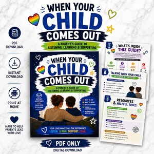 May include: A digital guide titled When Your Child Comes Out: A Parent's Guide to Listening, Learning & Supporting. The cover features a parent and child sitting together, with additional pages showing content on LGBTQ+ support, conversation starters, and resources.