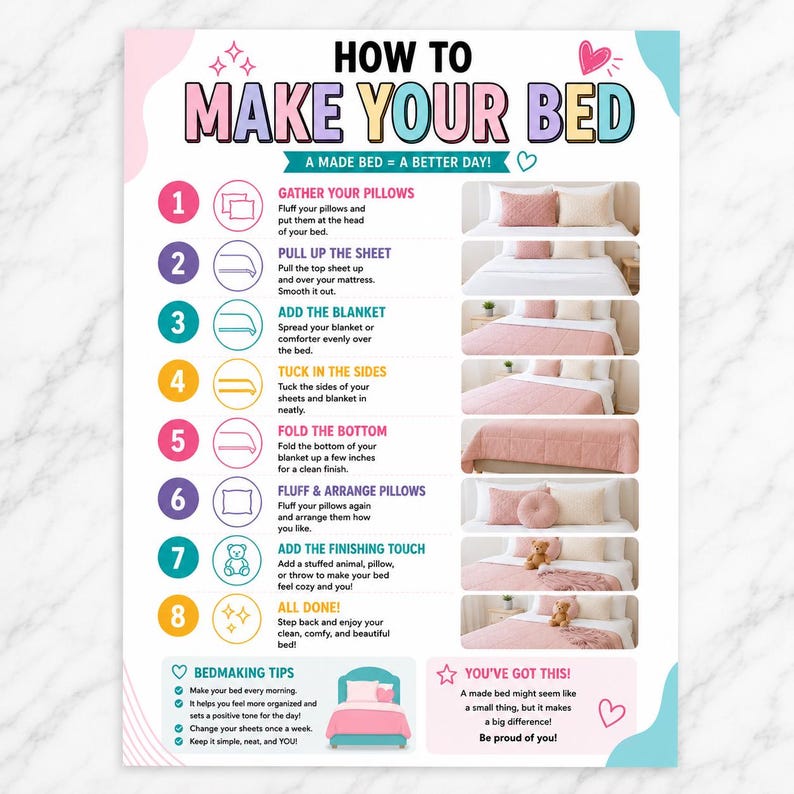 Colorful How to Make Your Bed printable featuring 8 illustrated steps for gathering pillows, pulling up sheets, adding and tucking a blanket, arranging pillows, and adding finishing touches, with bedmaking tips designed as an easy visual life-skills and bedroom routine guide for kids, tweens, teens, and beginners.