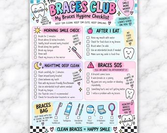 Op de afbeelding: Een kleurrijke, geïllustreerde hygiëne-checklist getiteld The Braces Club, met secties voor de ochtend, na het eten, de avond en noodgevallen. Het bevat iconen van tanden, tandenborstels en gebitsverzorgingsproducten met instructies voor beugels.