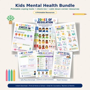 May include: A bundle of six printable mental health resources for kids. The bundle includes student check-in sheets, coping skills cards, and worksheets on zones of regulation, safe places, and control vs. can't control. The resources are designed for counselors, teachers, and parents.