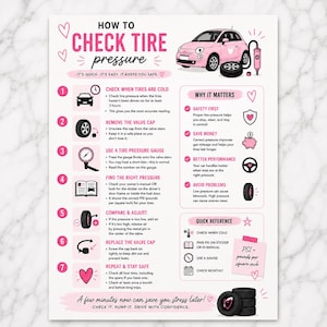 Peut inclure: Une infographie pédagogique intitulée HOW TO CHECK TIRE PRESSURE avec l'illustration d'une voiture rose. Elle présente sept étapes numérotées pour l'entretien des pneus, explique pourquoi c'est important et inclut un guide de référence rapide.