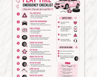 Op de afbeelding: Een witte informatiechecklist getiteld Flat Tire Emergency Checklist met roze tekst en afbeeldingen. Het bevat een roze auto-illustratie, genummerde stappen van één tot tien, veiligheidstips en diverse hartvormige iconen en notities.