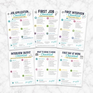 May include: A set of six white paper checklists with blue and teal text and icons. The titles include Job Application Checklist, First Job Checklist, First Interview Checklist, Interview Outfit Checklist, What to Bring to Work, and First Day at Work.