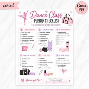 Lista de verificação para aulas de dança durante o período menstrual (PDF para imprimir) | Itens essenciais para a bolsa de dança | Lista de verificação para a primeira aula de dança da pré-adolescente | Download instantâneo