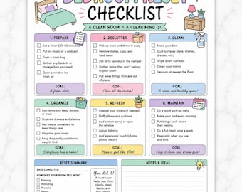 Op de afbeelding: Een slaapkamer-reset checklist op wit papier met pastelkleurige secties. Het bevat zes stappen: Voorbereiden, Opruimen, Schoonmaken, Organiseren, Verfrissen en Onderhouden, plus een samenvatting en een gedeelte voor notities en ideeën.