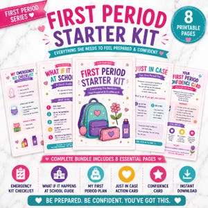 Kit de démarrage pour les premières règles (à imprimer) pour les filles de 8 à 10 ans : kit de préparation aux règles, carte de confiance, guide scolaire, liste de contrôle pour la trousse d’urgence