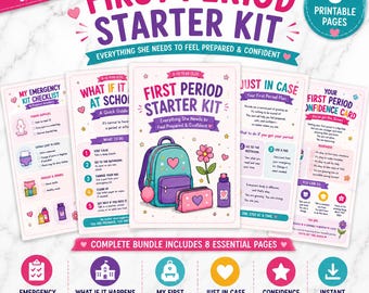 Printbaar startpakket voor het eerste lesuur voor meisjes van 8-10 jaar: Voorbereidingspakket voor het lesuur, zelfvertrouwenskaart, schoolgids, checklist voor noodgevallen.
