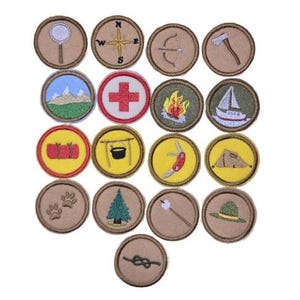 May include: Set of 16 embroidered scout patches featuring various camping and outdoor activities, including a compass, first aid, fire, tent, and knot tying. The patches are circular and have a tan background with yellow, red, and green accents.