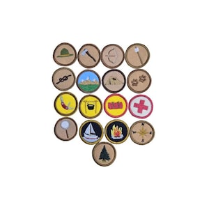 May include: A collection of embroidered patches with various outdoor and scouting-themed designs. The patches feature images of a hat, axe, bow and arrow, campfire, knot, landscape, tent, paw prints, chili pepper, cooking pot, fire, first aid cross, magnifying glass, sailboat, compass, and a pine tree.