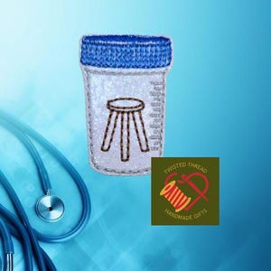 May include: A white plastic container with a blue lid and a brown stool inside. The container has a white label with the text "Twisted Thread Handmade Gifts".