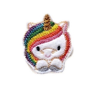 May include: A white unicorn with a rainbow mane and a gold horn. The unicorn is embroidered and has a smiling face.