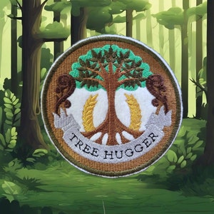 May include: A brown and green embroidered patch with a tree design and the text "Tree Hugger".
