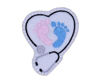 Baby Feet Stethoscope Heart Felt Feltie or Badge Reel