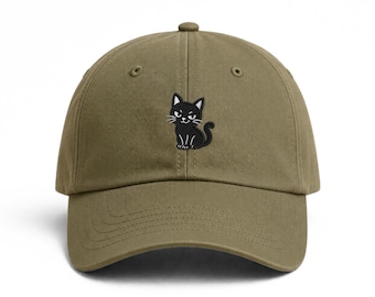 Black Cat Embroidered Dad Hat, Black Cat Hat, Black Cat Baseball Cap, Adjustable Unstructured Low Profile Buckle Closure Dad Hat